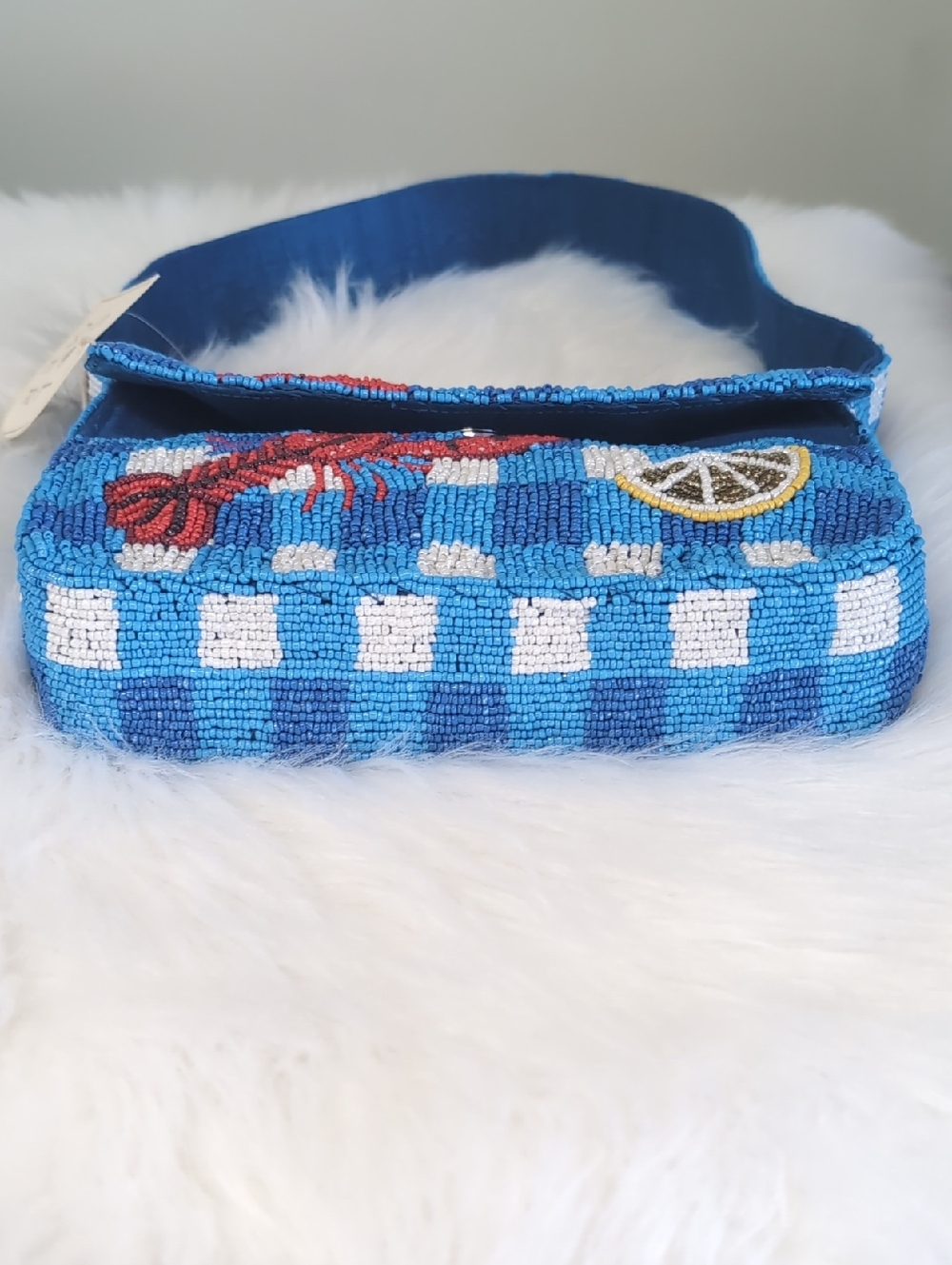 Viral 🎥 SOL and MER Blue Gingham Beaded Lobster and Lemon Shoulder Bag 🦞 - Picture 6 of 16